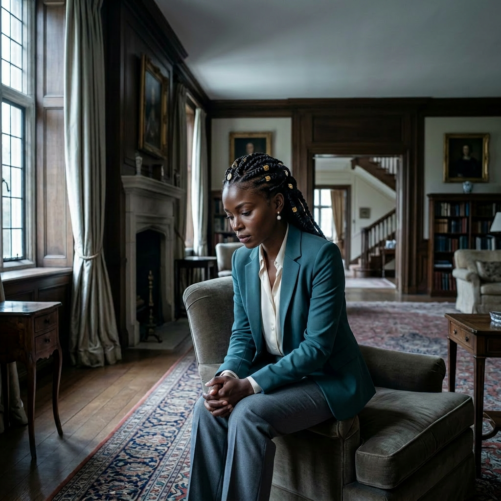 Woman sitting on armchair in a classic library, looking thoughtful