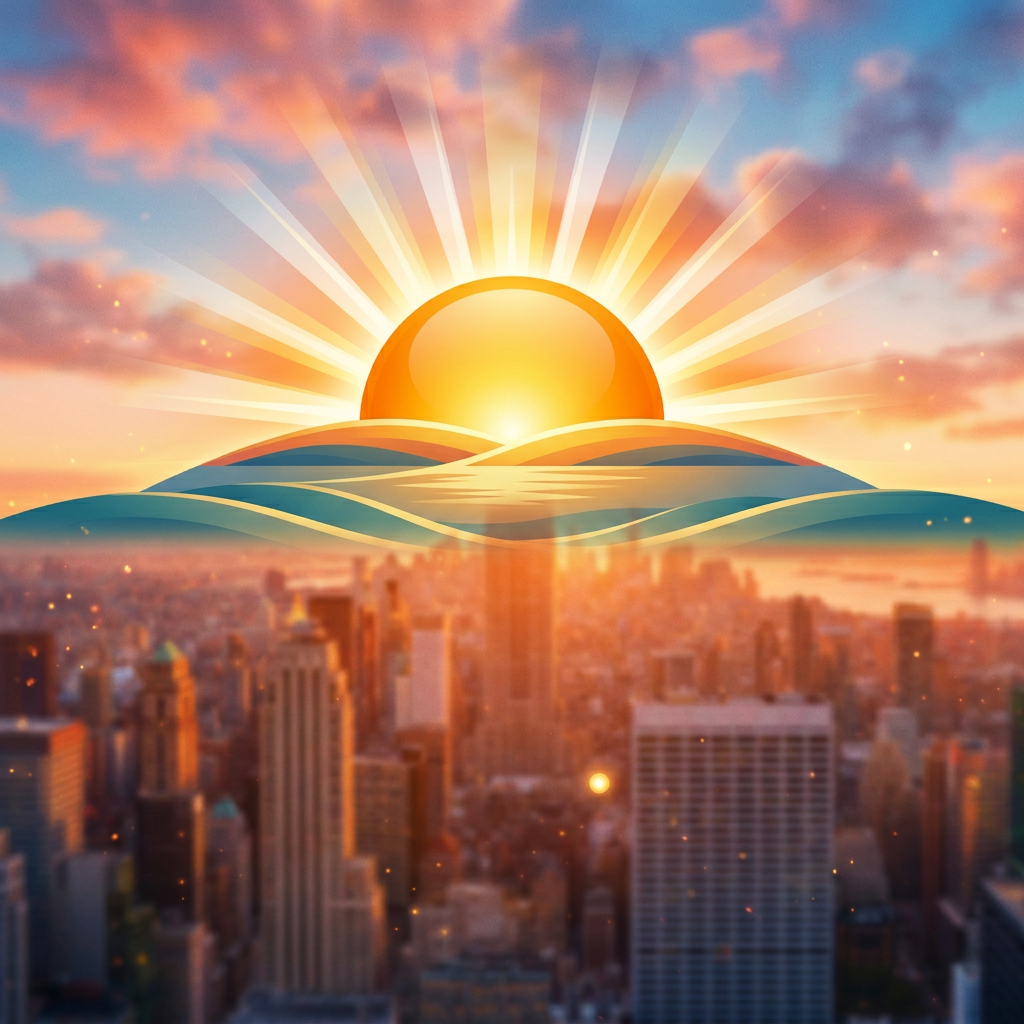 Sunrise logo with city skyline background and text Sunrise Morning Show Weekdays